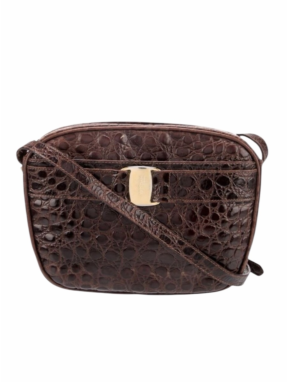 Salvatore Ferragamo Vara Embossed Leather Crocodile Gold Logo Crossbody Bag
